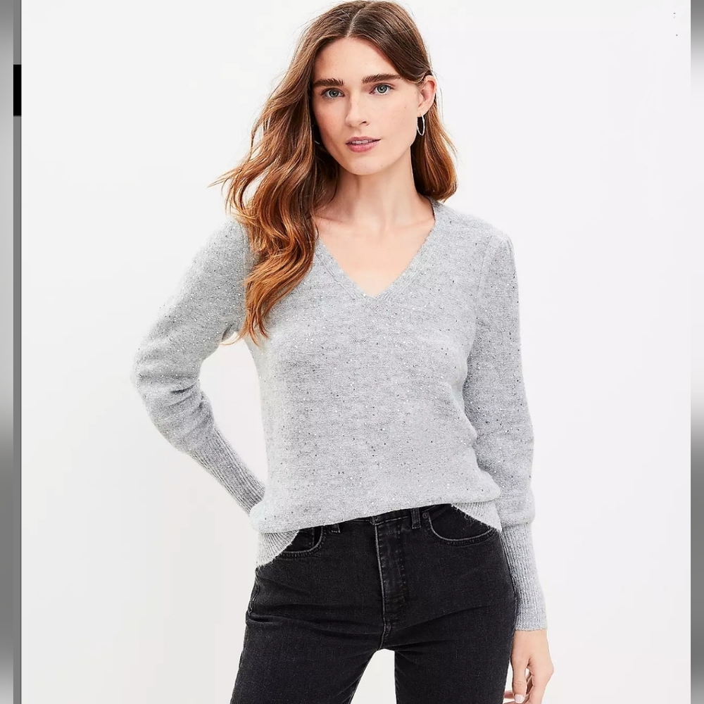 Loft NWT Sequin V-Neck Sweater, Silver Heather Gray, Small